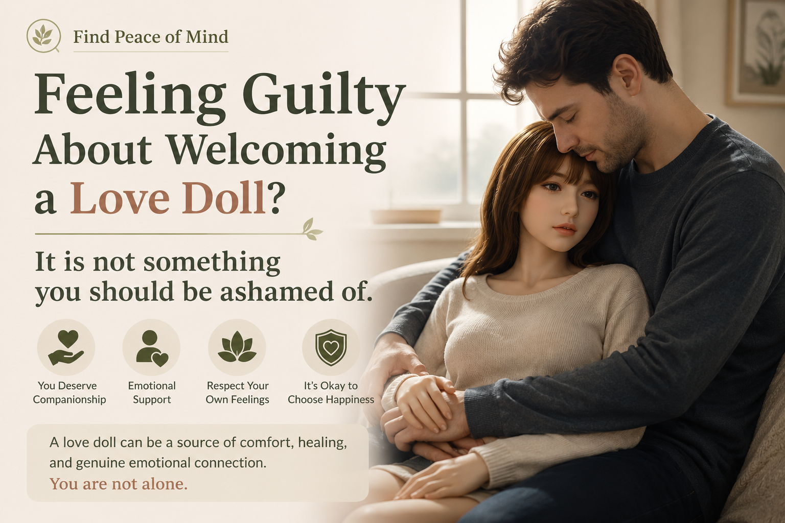 Man finding emotional comfort and peace of mind with a realistic Japanese love doll in a quiet home setting