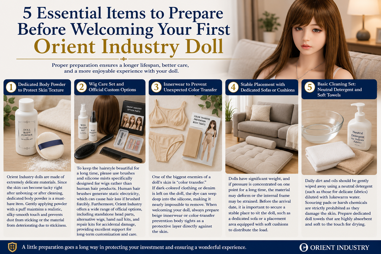 Infographic showing five essential items to prepare before welcoming an Orient Industry doll
