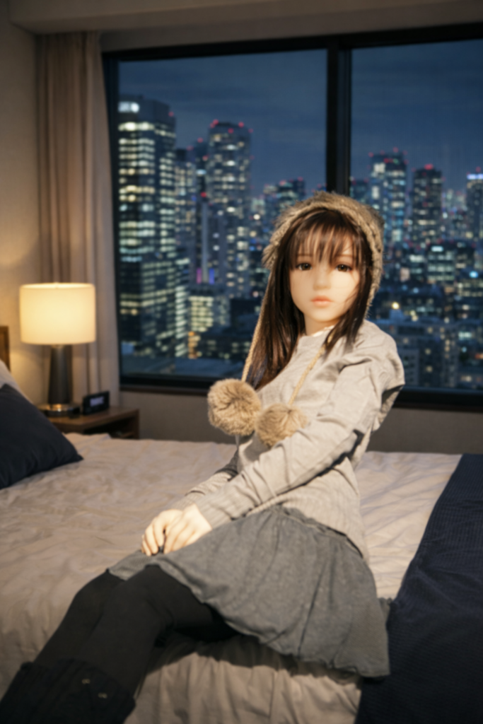 Orient Industry Japanese love doll in bedroom with city skyline at night