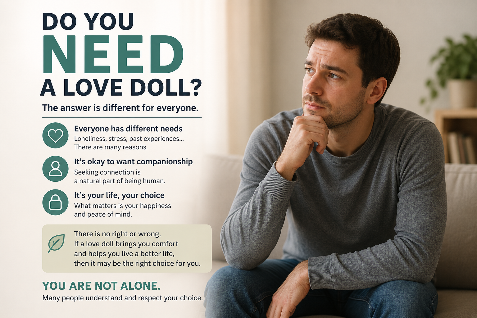 Thoughtful man considering whether a love doll is the right choice for companionship and emotional support