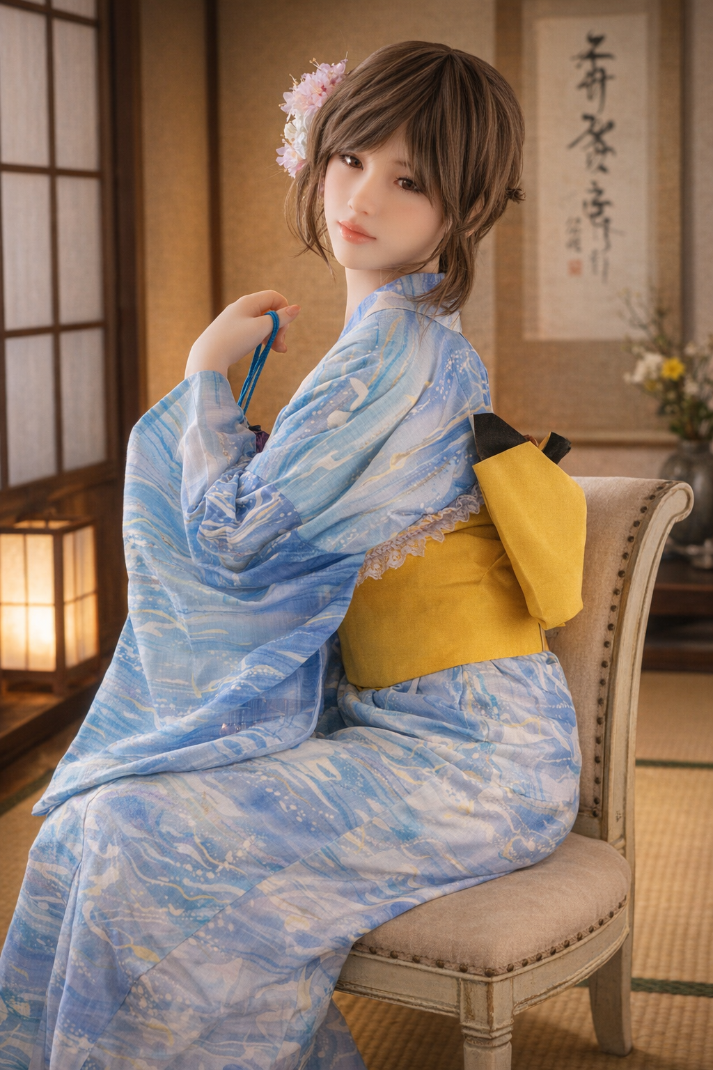 Orient Industry Japanese love doll wearing kimono in traditional Japanese room