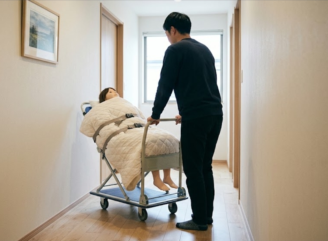 廊下で台車を使い、毛布に包まれた等身大ラブドールを慎重に運ぶ様子