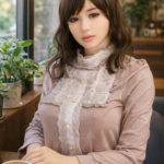Orient Industry Japanese love doll sitting at a cafe table with coffee in a warm indoor setting