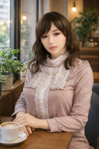 Orient Industry Japanese love doll sitting at a cafe table with coffee in a warm indoor setting