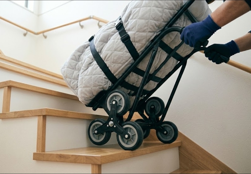 階段対応の三輪台車で荷物を運ぶ様子