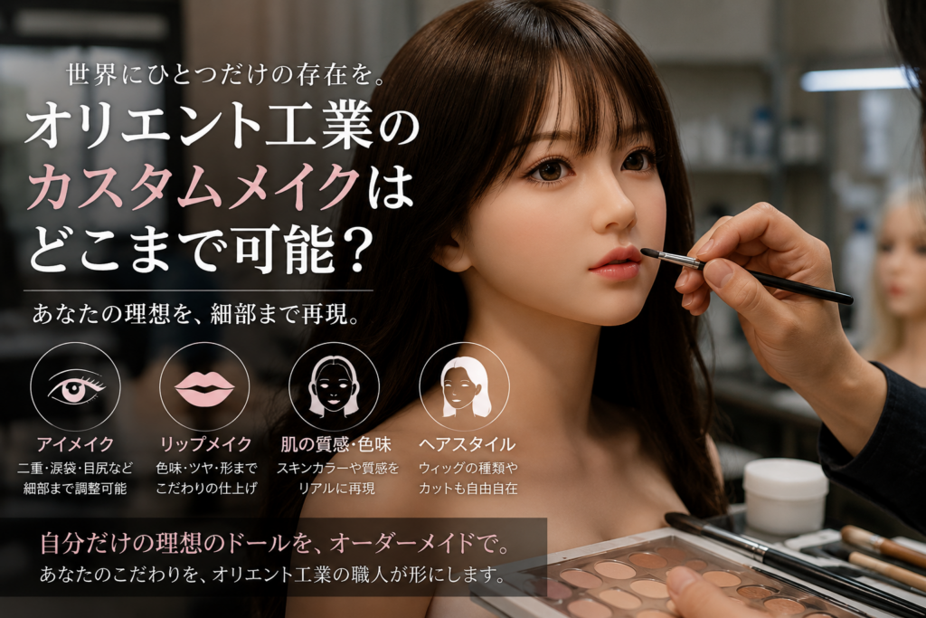オリエント工業のラブドールにカスタムメイクを施す様子。アイメイクやリップカラー、肌の質感まで細かく調整できるオーダーメイドサービスのイメージ