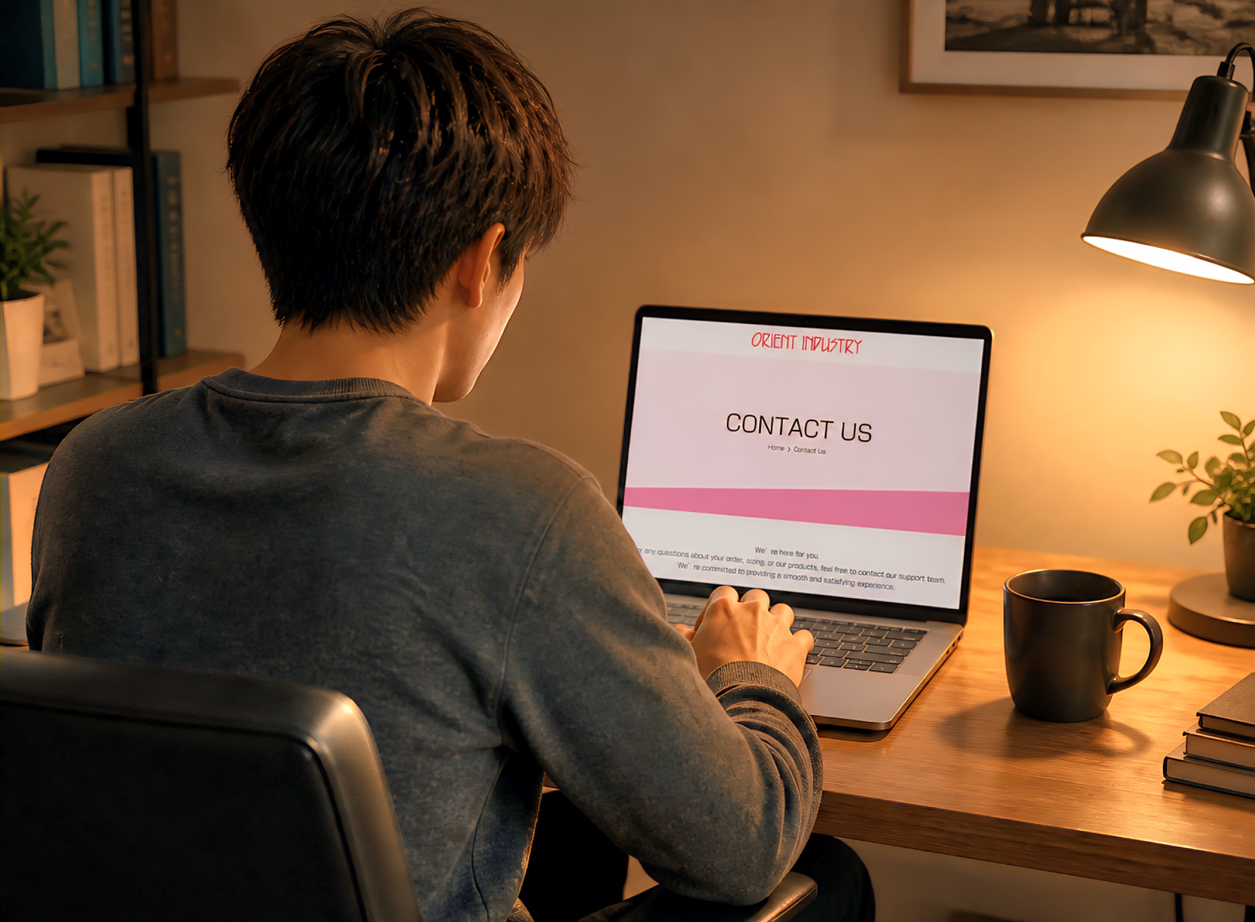 man contacting orient industry support page on laptop