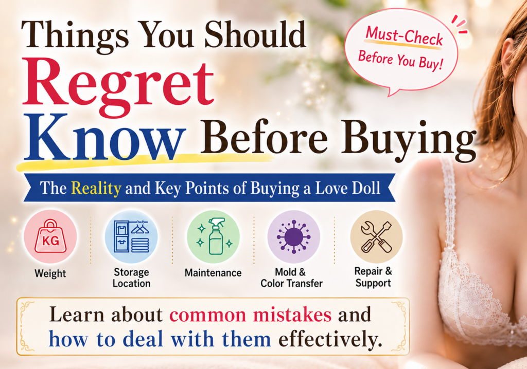 Infographic showing important things to know before buying a love doll, including weight, storage, maintenance, mold prevention, color transfer prevention, repair support, and common mistakes to avoid.