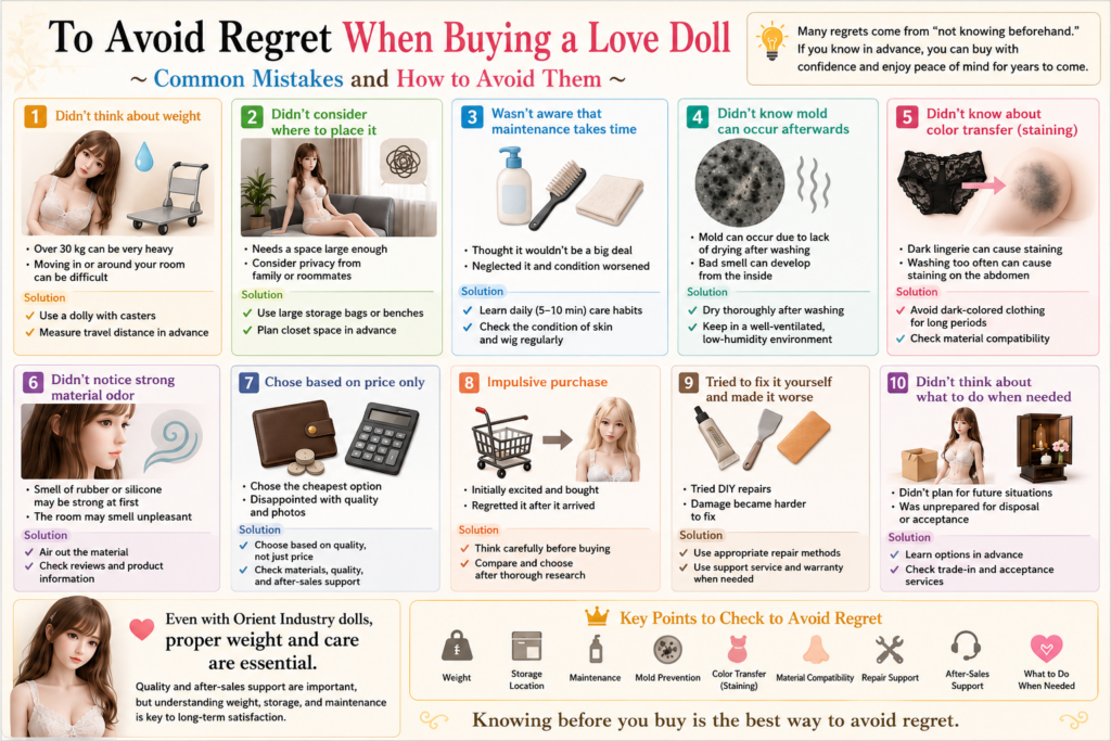 Infographic explaining common mistakes people make when buying a love doll, including weight, storage, maintenance, mold prevention, color transfer, material odor, repairs, and long-term ownership.