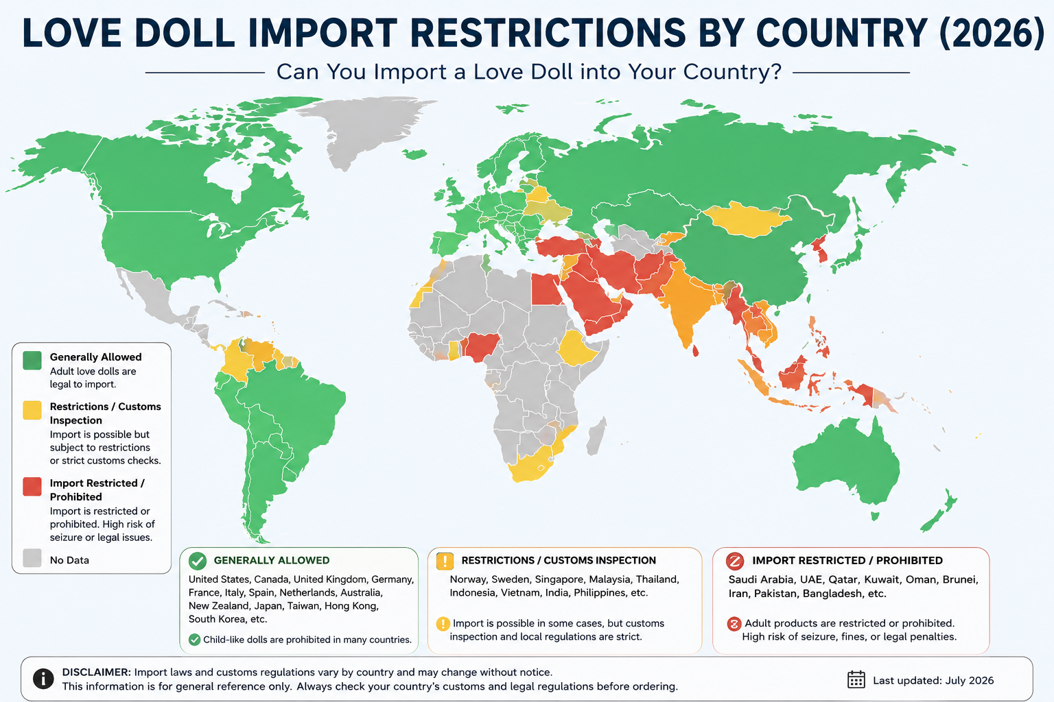 World map showing country-by-country import restrictions for Orient Industry love dolls (2026)